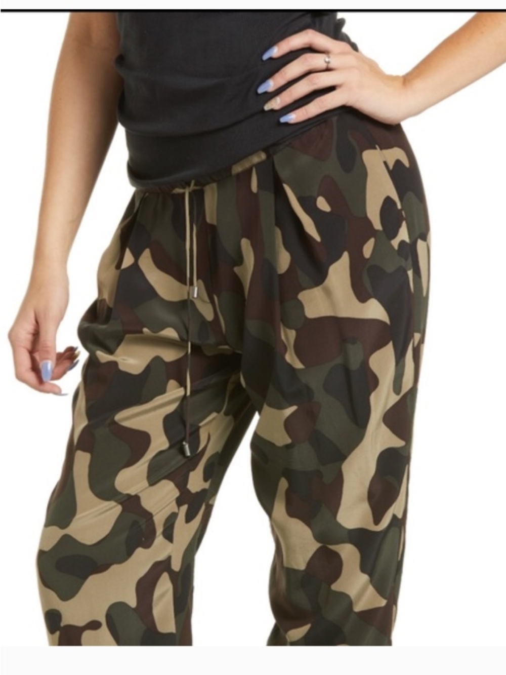 Haute Hippie Olive & Brown Camo Drawstring silk pants
